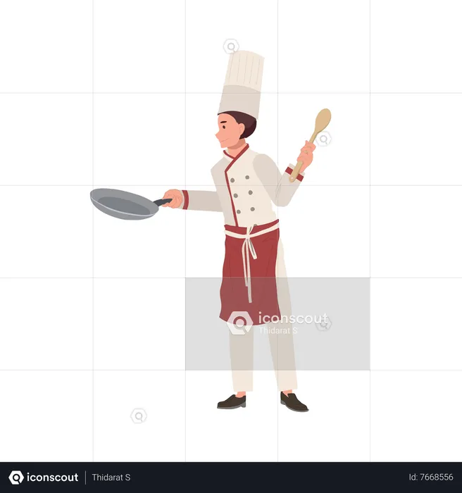 Male Chef in Chef Hat Holding Pan and Turner  Illustration