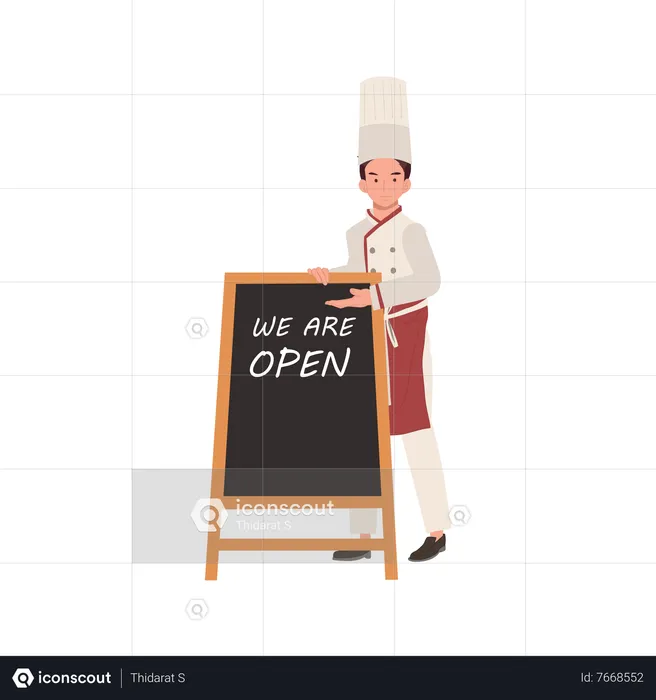 Male Chef Inviting with Welcoming Gesture near welcome board  Illustration