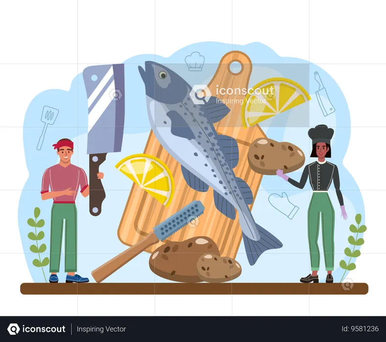 Male Chef making fried fish and chips  Illustration