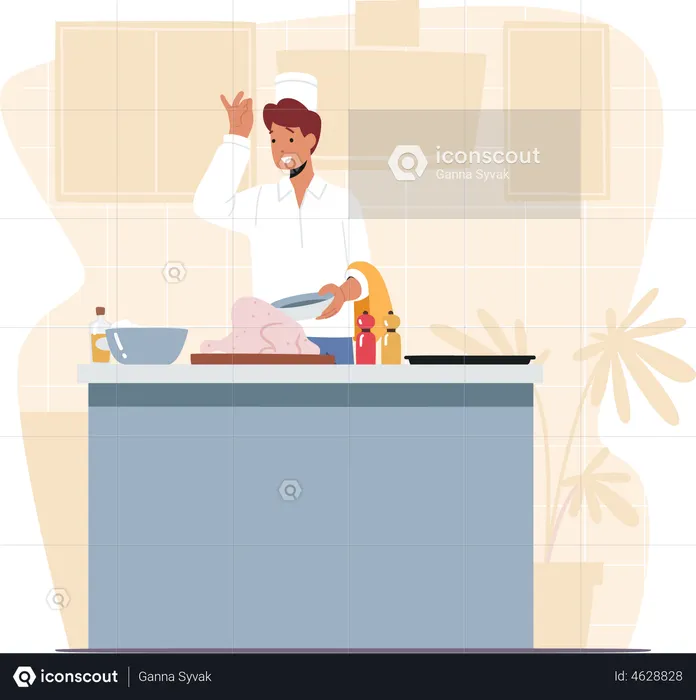 Male chef preparing delicious meal in the kitchen  Illustration