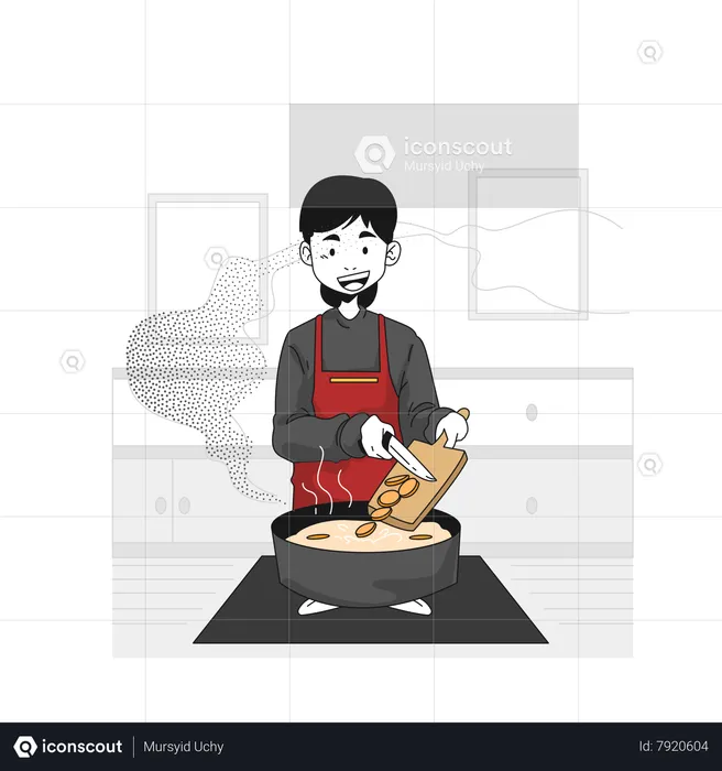 Male chef Putting ingredients into pot  Illustration