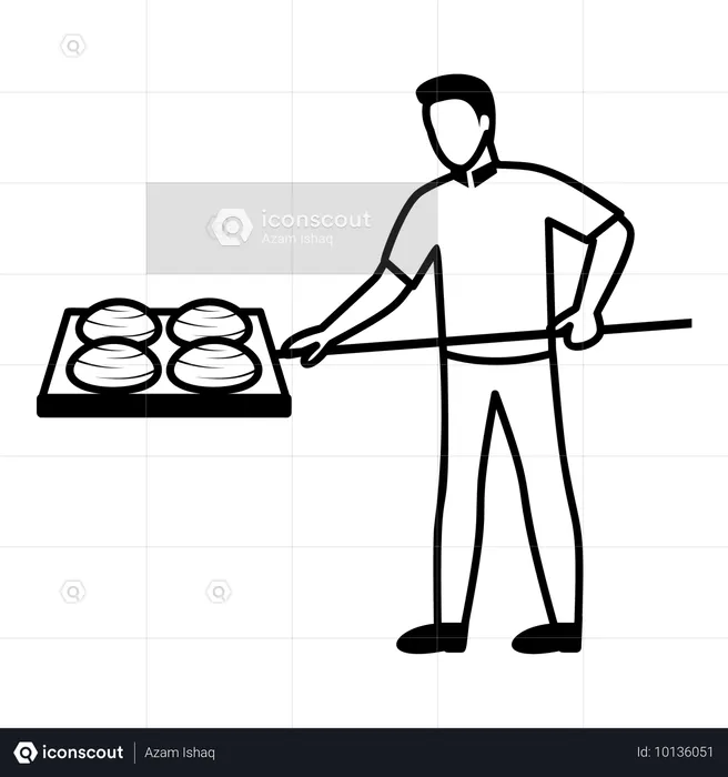 Male chef taking tray of buns and places it in oven for baking  Illustration