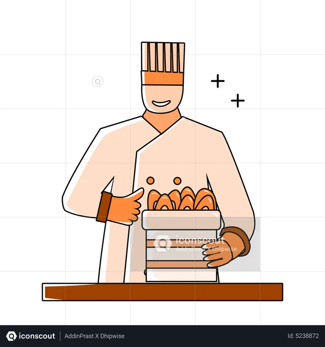 Male chef with raw seafood ingredients  Illustration