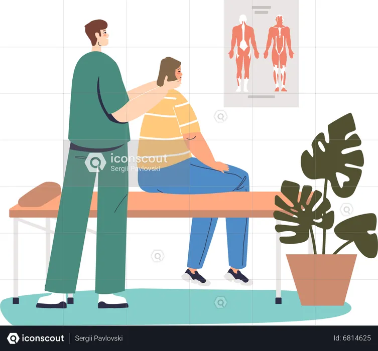 Male chiropractor make rehabilitation massage of neck to female patient  Illustration