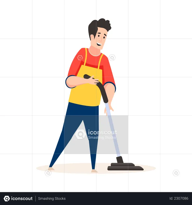 Male cleaner cleaning with vacuum cleaner  Illustration