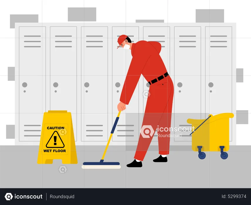 Male cleaning worker clean locker floor in school  Illustration