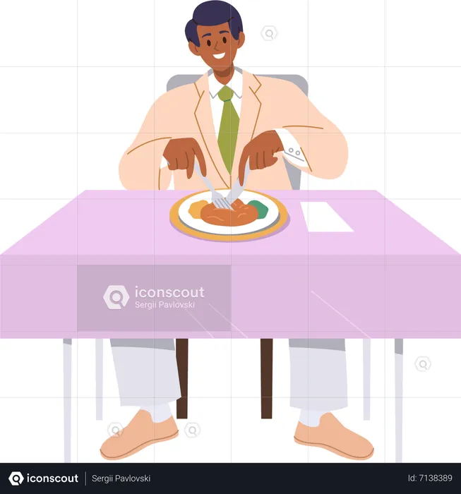 Male client eating dinner while sitting at served restaurant table  Illustration
