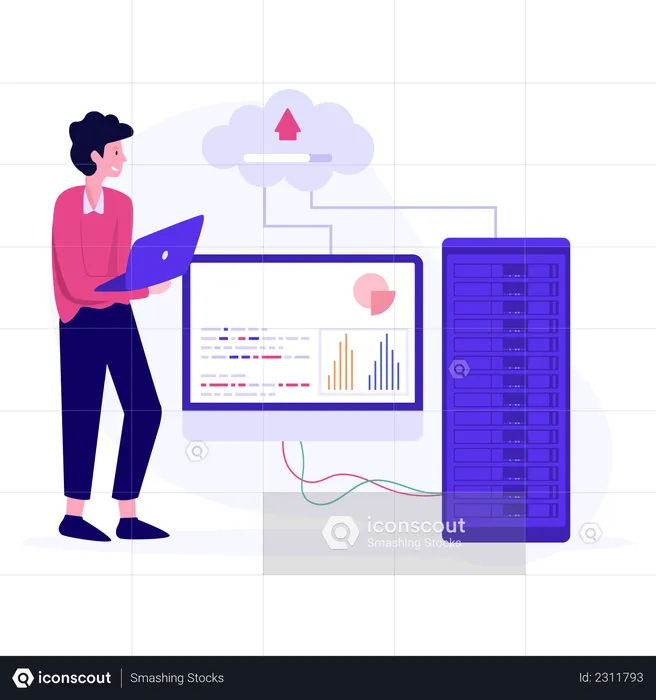 Male cloud engineer uploading data  Illustration