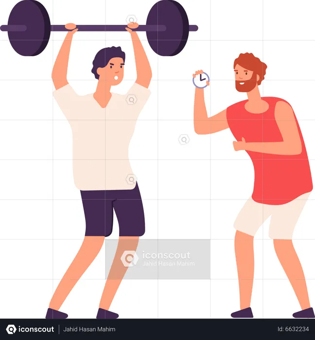 Male coach helps bodybuilder guy training exercising gym  Illustration