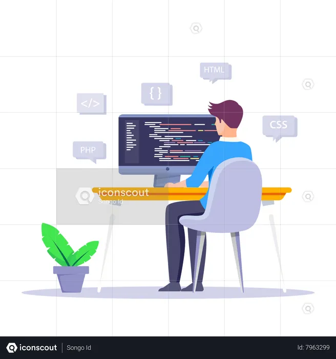 Male Coder Working On Computer  Illustration