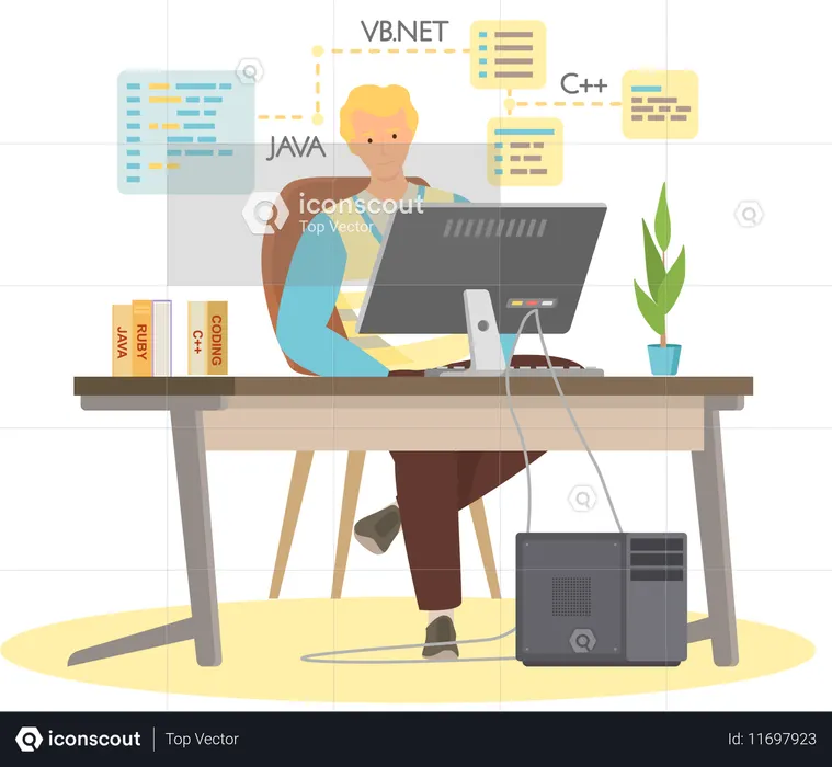 Male Coder working on web development on computers  Illustration