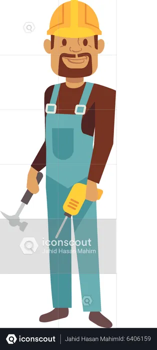 Male Construction worker holding hammer and drill machine  Illustration