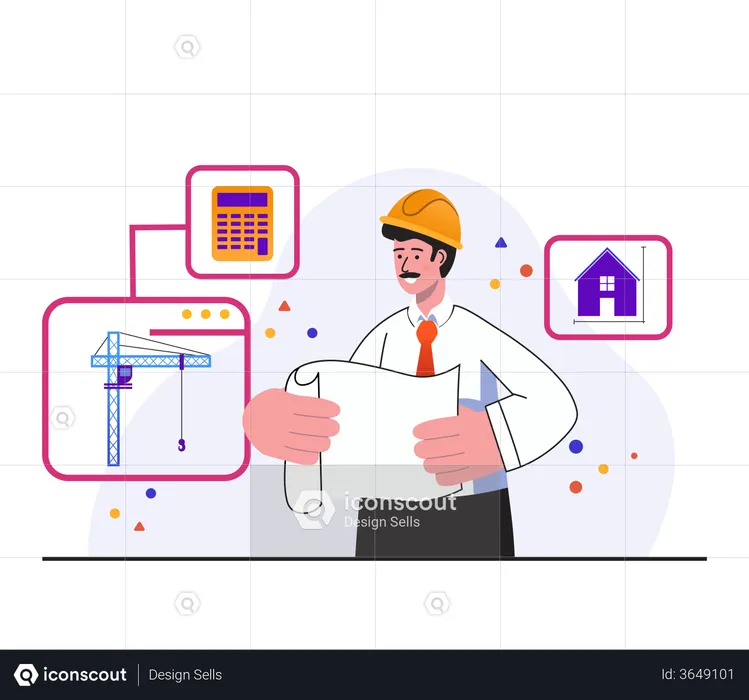 Male contractor review plan and manage work at site  Illustration