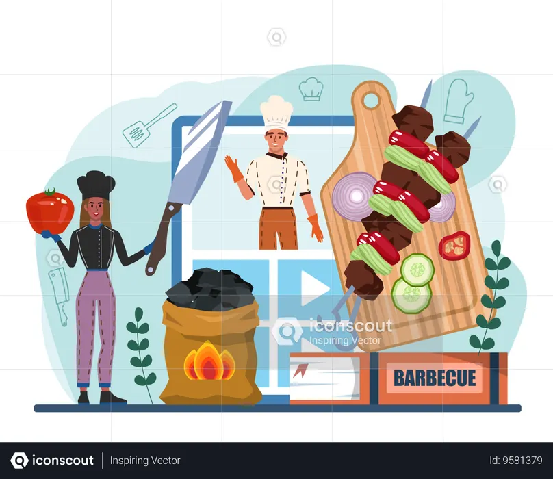 Male cook and female cook making online bbq food  Illustration