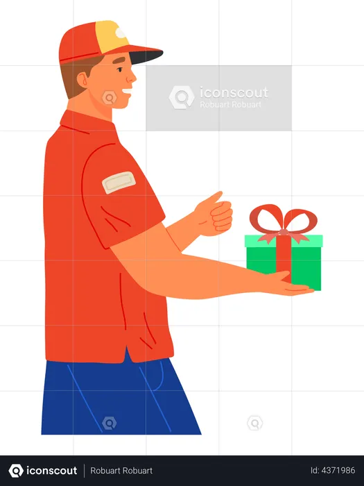 Male courier delivers packed box of holiday gift  Illustration