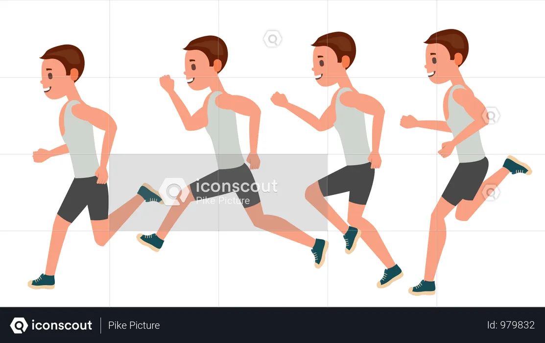 Vecteur de course masculin. Ensemble de cadres d'animation. Caractère de remise en forme d’athlète sportif. Coureur de course sur route marathon. Vue de côté. Tenue de sport. Jogging, entraînement. Illustration plate isolée  Illustration