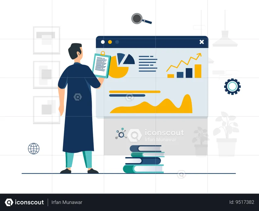 Male data scientist doing data analysis  Illustration