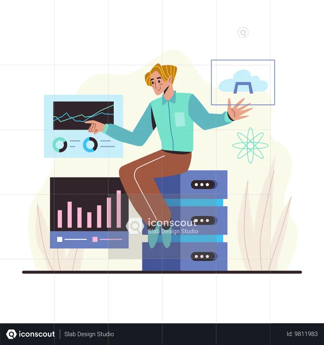 Male data scientist working on stats  Illustration