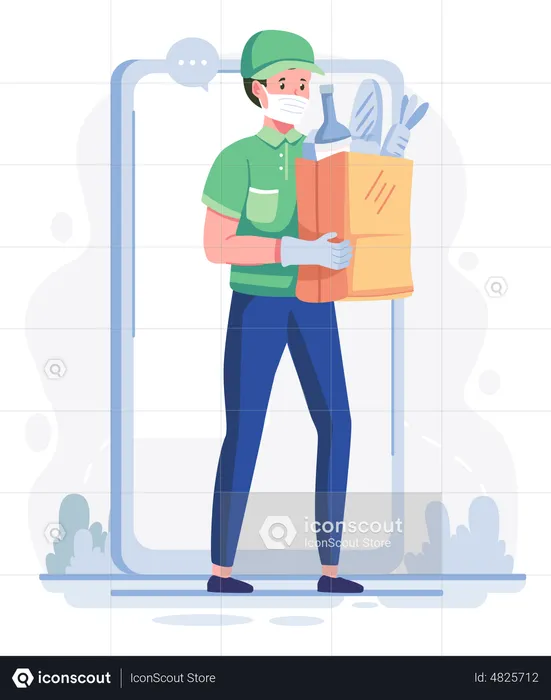 Male delivery executive delivering food at doorstep  Illustration