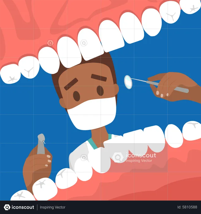 Male dentist looking into mouth of patient  Illustration