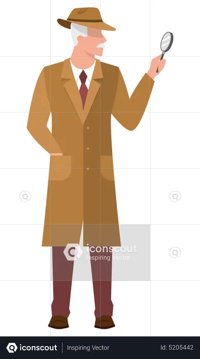 Male Detective in a coat holding a magnifier  Illustration