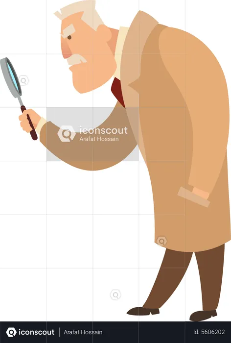 Male Detective in coat holding magnifier  Illustration