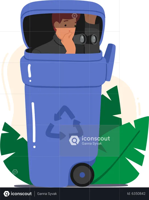 Male detective spying while hiding in dumpster  Illustration