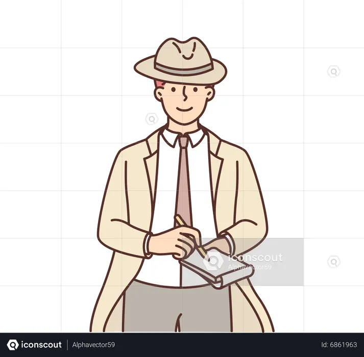 Male detective taking notes at crime scene  Illustration