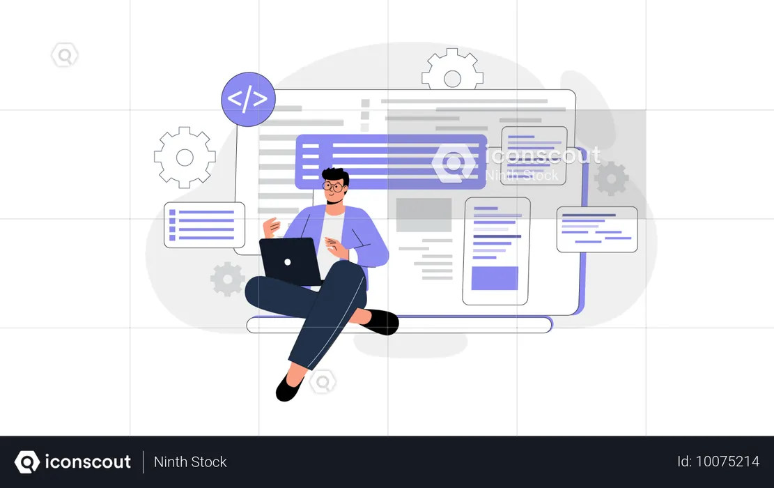 ウェブサイトのコーディングを行う男性開発者  イラスト