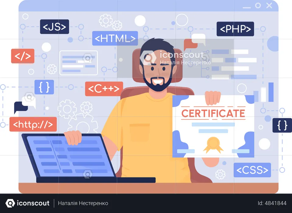 Male developer holding certificate  Illustration