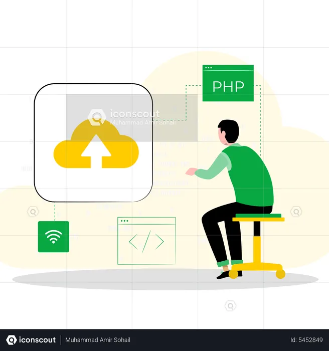 Male developer working on cloud development  Illustration