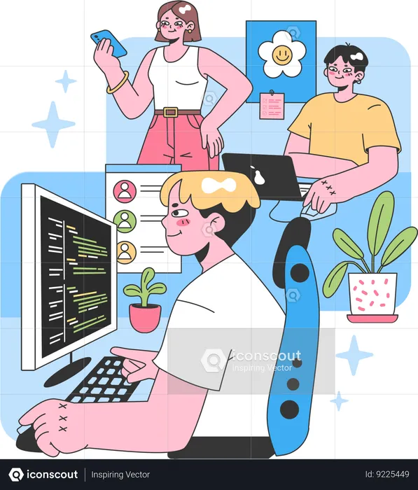 Male developer working on code from remote location  Illustration