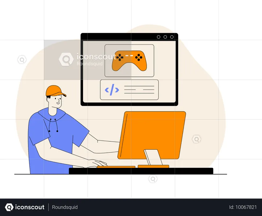 Male developer working on game coding  Illustration