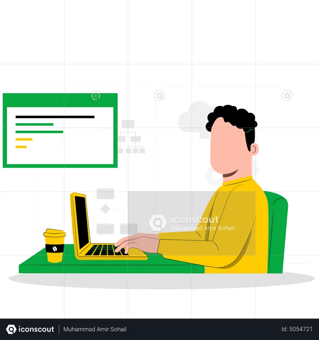 Male developer working on laptop while having coffee  Illustration