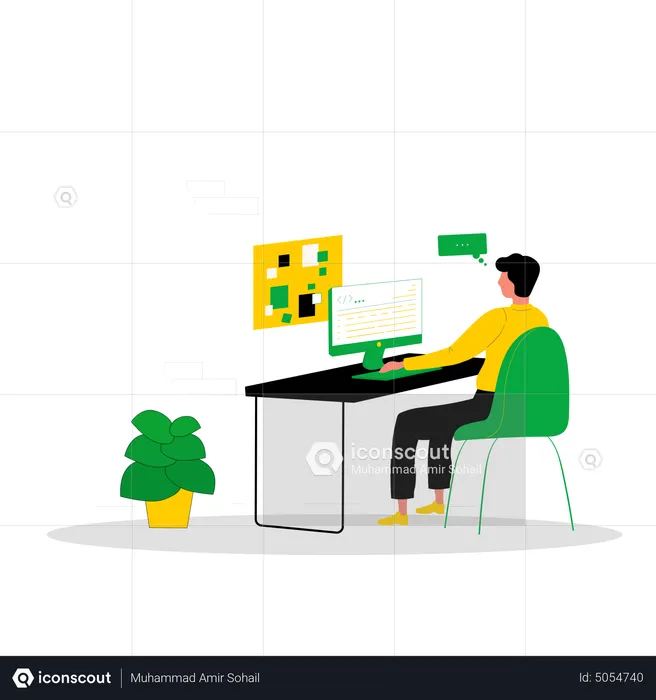 Male developer working while sit on desk  Illustration