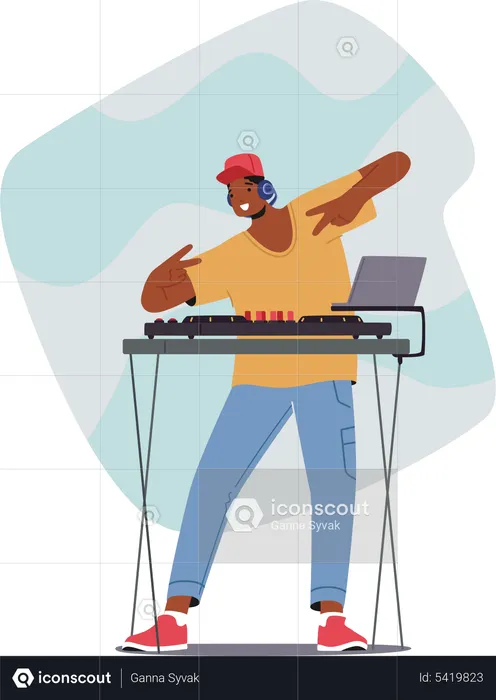 Male DJ playing mix of songs  Illustration