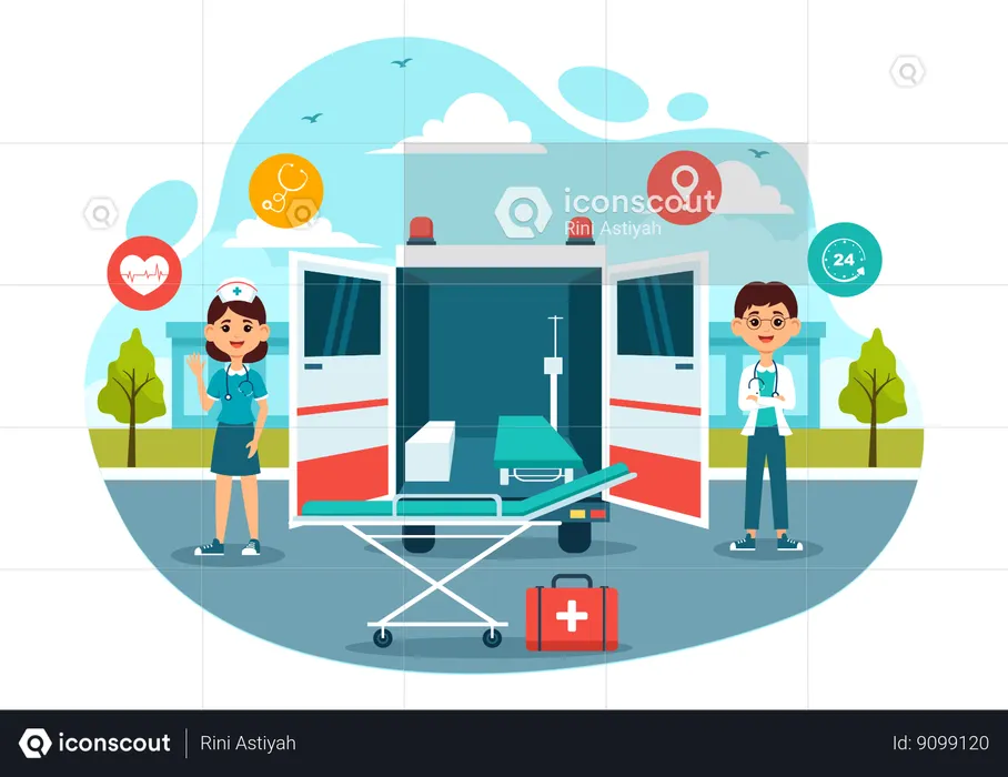 Male doctor and female nurse with ambulace  Illustration