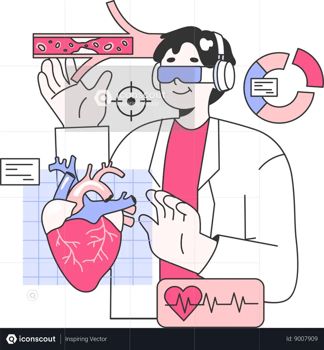 Male doctor checking heart analysis using vr goggles  Illustration