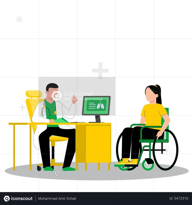 Male doctor give advice to disabled patient  Illustration