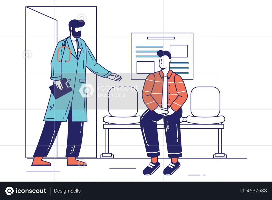 Male doctor invites patient to enter office for examination and consultation  Illustration