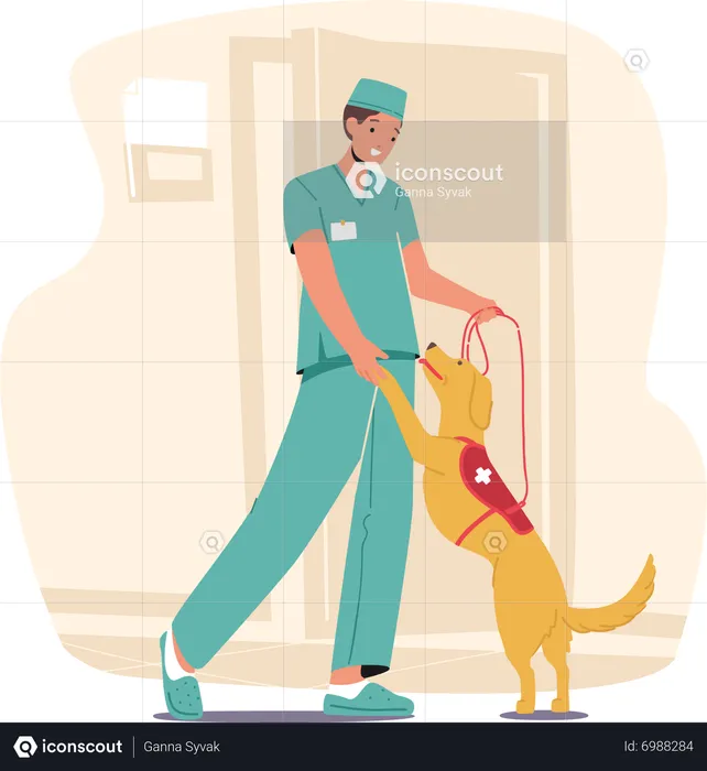 Male Doctor Playfully Engages With Guide Dog  Illustration