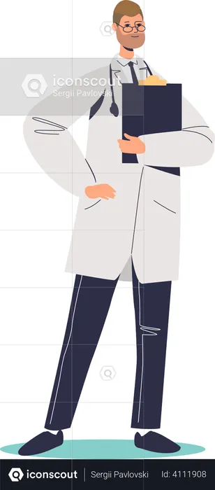 Male doctor practitioner specialist in uniform hold patient card. Man hospital or clinic therapist  Illustration
