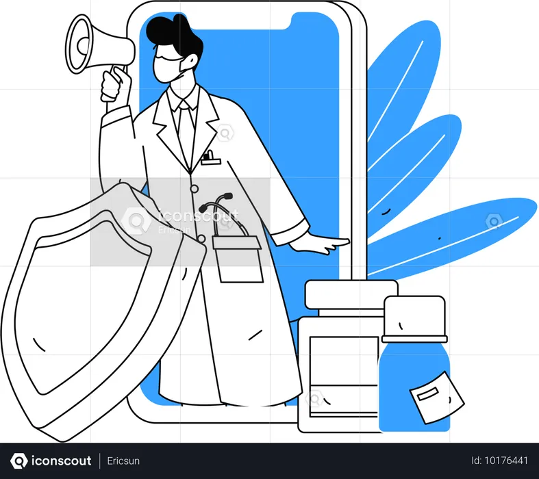 Male doctor promoting online healthcare application  Illustration