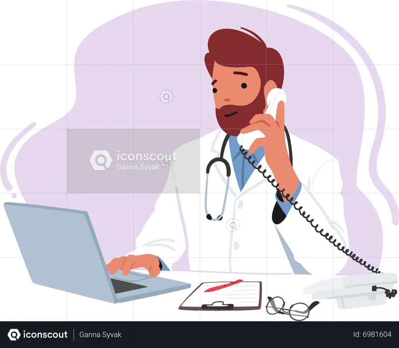 Male doctor sitting at desk with laptop  Illustration
