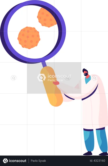 Male Doctor with Magnifying Glass Looking on Hepatitis Cells  Illustration