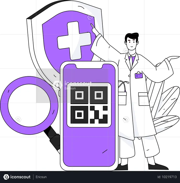 Qr 코드를 가진 남자 의사  일러스트레이션