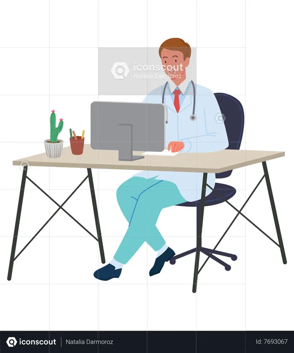 Male Doctor working on computer  Illustration