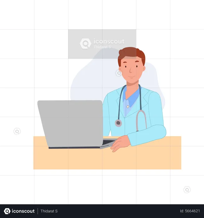 Male doctor working on laptop  Illustration