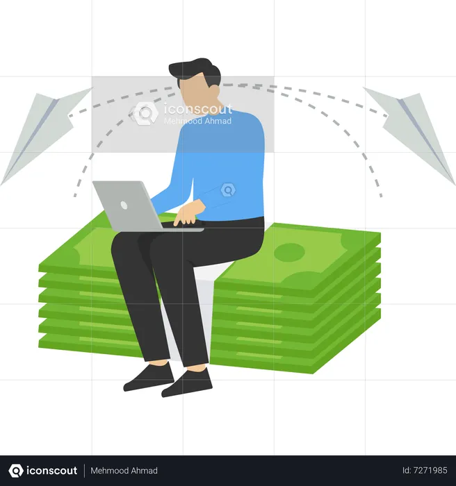 Male doing money transaction on laptop  Illustration