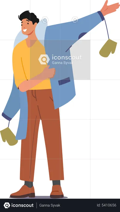Male Dressing Warm Coat with Mittens  Illustration